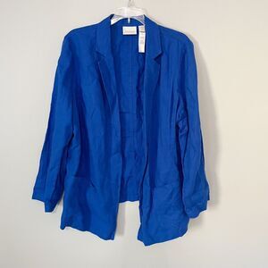 Chicos Size 2 M Medium Blue 100% Linen Jacket Open Front Long Sleeve